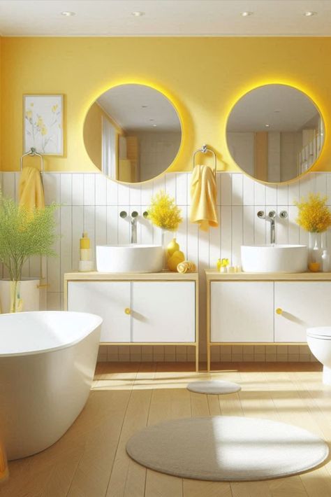 Wake up to sunshine every day with this cheerful yellow and crisp white duo. A bright start to your mornings. #YellowBathroom #CheerfulDecor Bathroom Color Schemes, Bright Starts, Yellow Bathrooms, Bathroom Color, Beach Club, Color Scheme, Yellow White, Wake Up, Color Schemes