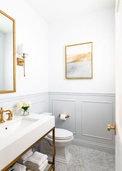 Transitional Powder Room by KasaMia Interiors Powder Room Ideas, Powder Room Design, Bad Inspiration, Transitional Bathroom, 아파트 인테리어, Home Luxury, Brass Hook, Glass Shelf, Downstairs Bathroom