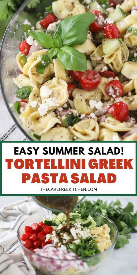 This Greek Tortellini Pasta Salad is filled with veggies, feta cheese, tortellini pasta, and covered in our zesty homemade Greek vinaigrette. It’s a great summer side dish to serve at BBQs or for a light lunch. Cucumber Pasta Salad Recipes, Tortellini Recipes Salad, Tortellini Salad Recipes, Greek Tortellini Pasta Salad, Feta Cheese Pasta, Cheese Tortellini Pasta, Greek Tortellini, Bbq Pasta, Greek Tortellini Salad