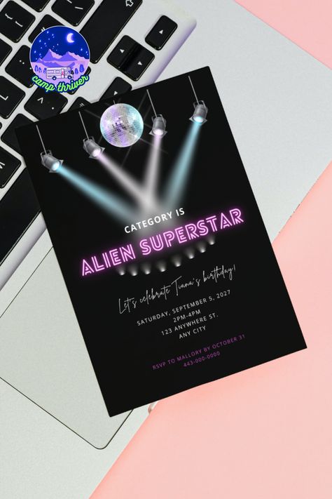 Alien Superstar Party, Alien Superstar, Hip Hop Birthday, Holiday Party Themes, Astronaut Birthday, Themes Ideas, Epic Party, Party Invites, Editable Invitations