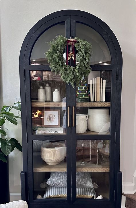 Cabinets Christmas Decor, Arch Shelves, Arch Cabinets, Christmas Cabinets, Arched Cabinets, Cabinet Styling, Walmart Decor, Arched Cabinet, Modern Bookcases