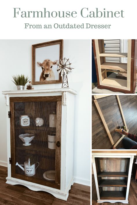 Take an outdated orange dresser and turn it into a farmhouse cabinet! We constructed a door, added shelves to create a beautiful, unique piece. #repurposed #dresser #makeover #diy Dresser Makeover Diy, Orange Dresser, Dresser Farmhouse, Farmhouse Cabinet, Repurposed Dresser, Farmhouse Pantry, Mirror Style, Diy Dresser Makeover, Farmhouse Cabinets