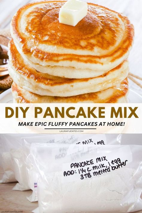 A stack of pancakes with butter on top, and a picture of a ziplock bag of pancake mix Krusteaz Pancake Mix Recipes, Fluffy Pancake Mix Recipe, Diy Pancake Mix, Healthy Pancake Mix, Homemade Pancake Mix Recipe, Best Pancake Mix, Easy Pancake Mix, Krusteaz Pancake Mix, Best Homemade Pancakes