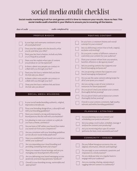 🔥 Hey, you fierce brand strategists and social media gurus, ready to skyrocket your online game? 🚀 Ever wondered how the pros stay ahead of the curve? Say hello to our game-changing tool: the Social Media Audit! 🌟 Don’t just scroll past—this is one you’ll want to save for later. Trust me. 💥 Here’s how this powerhouse tool will transform your social game: - Set crystal-clear goals and track success with precision KPIs. - Strategically evaluate platform relevance and impact. - Keep your br... Social Media Equipment, Social Media Manager Pricing Packages, Social Media Audit Template, Waxing Suite, Social Media Kpi, Social Media Worksheet, Social Media Goals, Social Media Audit, Social Media Strategy Template