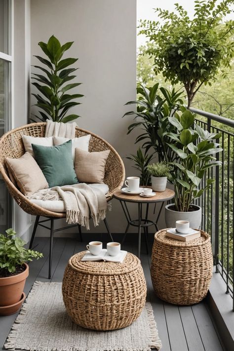 Small Balcony Decor Minimalist, How To Decorate Your Balcony, Boho Small Patio, Cozy Apartment Patio, Patio Garden Ideas Apartment, Small Patio Ideas Apartment Tiny Balcony, Small Terrace Ideas, Patio Ideas Apartment, Furniture For Balcony