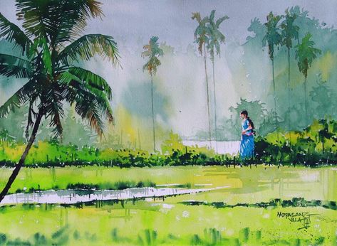 Watercolor painting on  Kerala's beautiful lush green landscape Kerala Watercolor Paintings, Village Scenery, Tree Drawings, Watercolour Ideas, Acrylic Ideas, Tree Drawings Pencil, Paintings Ideas, Palm Tree Art, Water Poster