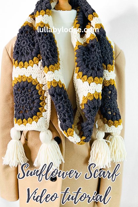 Create a beautiful sunflower granny square scarf with our easy, free crochet pattern! This project is perfect for all skill levels and will add a lovely handmade piece to your winter wardrobe. Head to our blog for the full pattern and start crocheting today! Crochet Scarves Free Patterns Easy, Simple Crochet Scarf, Crocheted Scarfs, Sunflower Granny Square, Crochet Wraps, Crochet Hand Warmers, Scarves Crochet, Start Crocheting, Granny Square Scarf