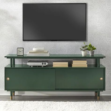 Simple Living Margo Mid-Century Modern Wood TV Stand - On Sale - Bed Bath & Beyond - 27989464 Tv Stand Green, Sliding Cabinet Doors, Mid Century Modern Tv Stand, Wood Tv Stand, Mid Century Modern Wood, Wood Tv, Tv Stand Wood, Tv Stands And Entertainment Centers, Modern Tv Stand