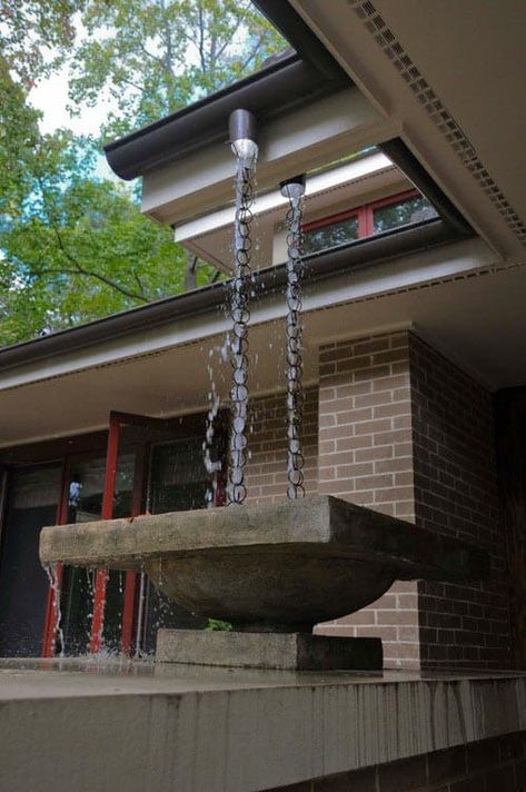 Rain Chain Water Feature, Downspout Ideas, Rain Chain Garden, Drainage Ideas, Gutter Drainage, House To Home, Rain Chains, Prairie Style Houses, Drainage Solutions