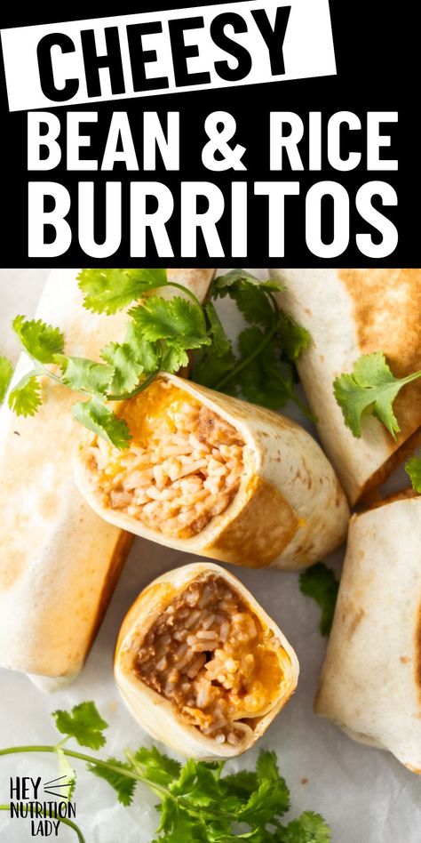 Cheesy Bean and Rice Burritos are the perfect quick and easy meal! Made with refried beans, super simple seasoned rice, and sharp cheese, this is the perfect vegetarian meal for busy nights or on the go. Bean And Rice Burrito Recipe, Bean Cheese Rice Burrito, Cheesy Bean And Rice Burrito Taco Bell, Beans And Rice Burrito, Bean And Cheese Burrito Recipe, Cheesy Bean And Rice Burrito, Burrito With Rice, Pizza Burritos, Bean And Rice Burrito