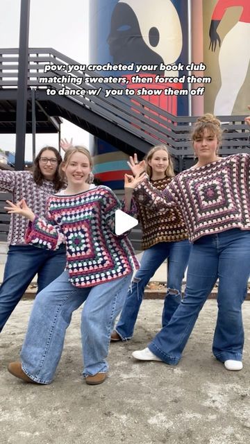 Heather | FREE Patterns on Instagram: "boogie-ing w/ the book club girlies in our matching granny square sweaters 🥹💃💃💃💃🧶✨ (p.s. i’m so sorry @author.katiemarie for blocking you 🥲🥲🥲) #hayhaycrochet" Granny Square Sweaters, Crocheted Clothes, Granny Square Sweater, Fiber Crafts, The Book Club, Crochet Granny Square, So Sorry, Crochet Granny, Granny Squares