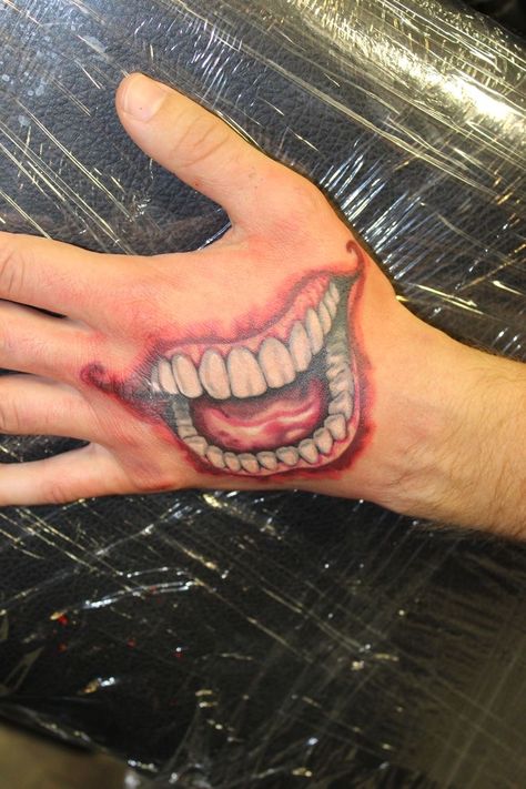 Jokers Hand Tattoo, The Joker Hand Tattoo, Joker Tattoo On Hand, Mouth On Hand Tattoo, Mouth Tattoo On Hand, Joker Tattoo Hand, Joker Mouth Tattoo, Mouth Hand Tattoo, Joker Smile Hand Tattoo