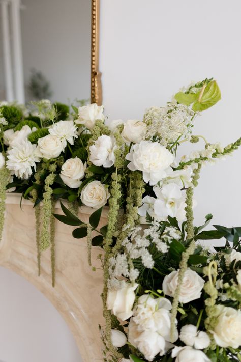 Add a touch of refinement with these lush and delicate blooms Fireplace Florals Wedding, White And Green Wedding Centerpieces, Green Wedding Centerpieces, Wedding Design Board, Wildflower Wedding Theme, Classic Elegant Wedding, Love Fest, Dream Wedding Decorations, Sage Green Wedding