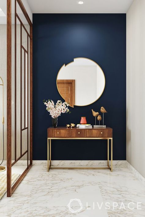 Console Designs, Navy Blue Furniture, Living Room Layout Ideas, Room Layout Ideas, Creating An Entryway, Blue Painted Walls, Light Colored Furniture, Blue Accent Walls, Navy Walls