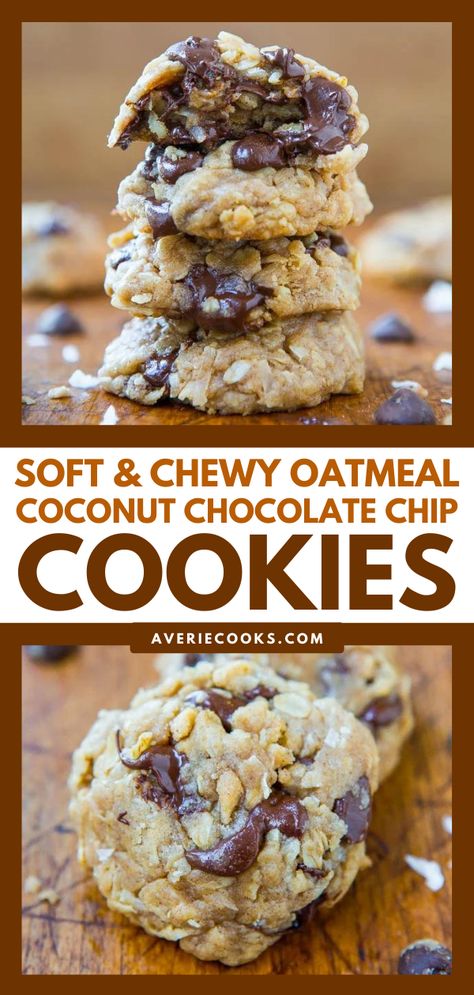 Oatmeal Chocolate Chip Coconut Pecan Cookies, Oatmeal Coconut Chocolate Cookies, Oatmeal Cookies White Chocolate Chip, Coconut Oil Oatmeal Cookies, Coconut Oil Oatmeal Chocolate Chip Cookies, Coconut Oatmeal Recipes, Choco Chip Oatmeal Cookies, Chocolate Chip Coconut Cookies Recipes, Oatmeal Coconut Chocolate Chip Bars