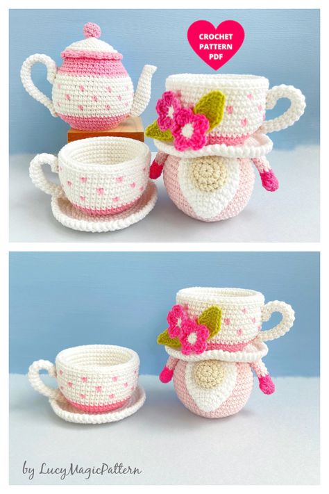 10+ Tea Set Amigurumi Crochet Patterns Free and Paid - Page 4 of 4 Crochet Tea Cup, Cupcake Crochet, Crochet Pour Halloween, Crochet Cupcake, Birthday Basket, Funny Gnomes, Halloween Crochet Patterns, Crochet Food, Crochet Amigurumi Free