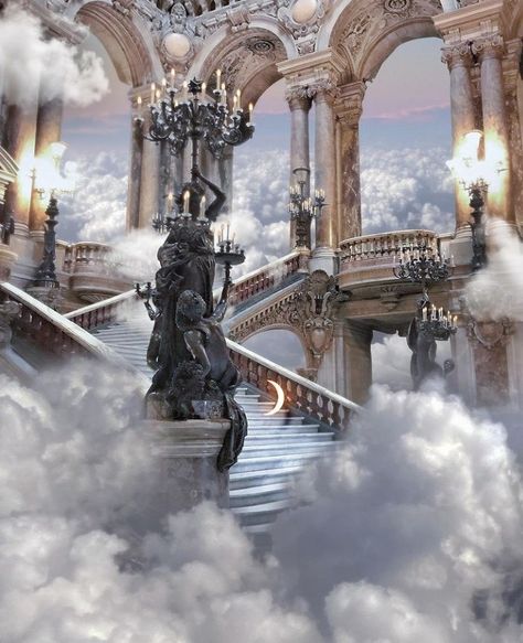 Cloud Castle Aesthetic, Princess Dr Shifting, Cloud Kingdom Aesthetic, Olympus Drawing, Kingdom In The Clouds, Air Kingdom, Cloud Princess, Greek Castle, Sky Kingdom