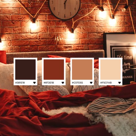 Cream And Red Bedroom, Red And Cream Color Palette, Red Bedding Ideas Bedrooms, Red And Brown Bedroom, Red Brown Bedroom, Kallax Upcycle, Red And Brown Aesthetic, Brown Bedroom Colors, Colour Scheme Ideas