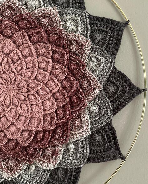 Dusty Rose to Slate Gray fade . . Yarn: @hobbii_yarn Pattern: Asteria by @alsma.art Hook: E 4/3.5 Size: 24 inches . . #crochet… | Instagram Asteria Crochet Pattern Free, Crochet Asteria Pattern, Crochet With Mandala Yarn, Asteria Crochet Pattern, Crochet Wall Mandala, Large Crochet Mandala Pattern Free, Mandala Thick And Quick Crochet Patterns, Mandala Rose, Asteria Mandala Crochet Pattern