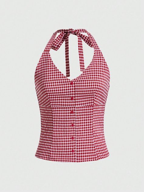 ROMWE Kawaii Gingham Print Button Front Halter TopI discovered amazing products on SHEIN.com, come check them out! Romwe Kawaii, Gingham Print, Amazing Products, Halter Top, Gingham, Fashion Inspo, Sewing, Kawaii