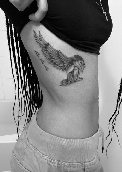 Angel Stomach Tattoos Women, Tattoos Of Rib Cages, Rib Hip Tattoos Women, Chest Tattoo Female Underboob, Angel Stomach Tattoo, Angel Wings Tattoo Ribs, Angel Sternum Tattoo, Side Tattoos Women Ribs Unique, Angel Tattoo Back