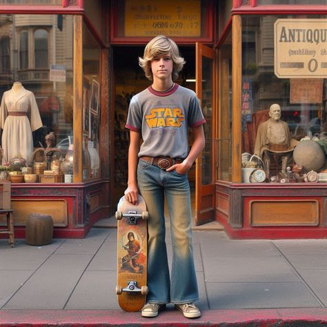 12-year-old blonde boy wearing faded Star Wars shirt holding a skateboard standing in front of an antique shop in Chinatown during Late Summer 1978 70s Boys Fashion, Holding A Skateboard, 1960s Fashion Mens, 70s Boys, 70’s Outfit, Old Boy Names, Star Wars Shirt, Store Owner, Disco Era