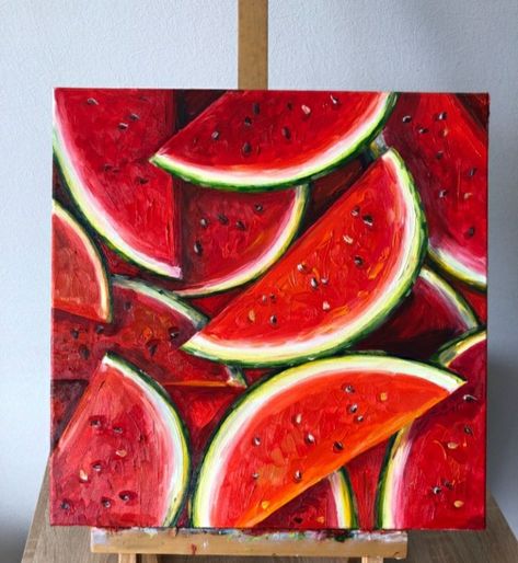 Watermelon Oil Painting, Watermelon Painting Acrylics, Painting Ideas Fruit, Acrylic Fruit Painting, Fruit Painting Acrylic, Fruit Acrylic Painting, Fruit Canvas Painting, Watermelon Art Painting, Fruit Painting Art