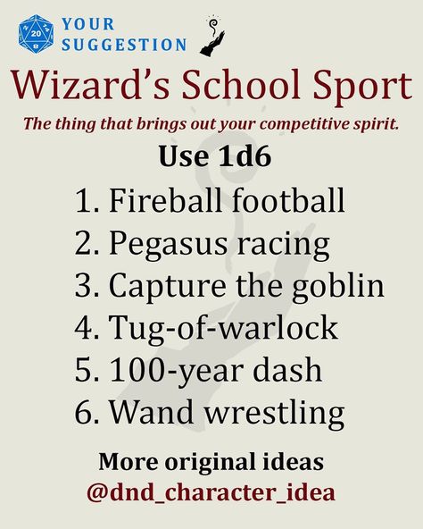 DnD Character Idea on Instagram: “⚽️ flavour you’re a wizard with a school sport! Comment what you roll up below.  Special thanks to @plambert.05 for the suggestion!…” Dnd Bard Character Design, Dnd Campaign Ideas, School Campaign Ideas, Dnd Bard, Class Quotes, Dnd Homebrew, Dnd Campaign, Dnd Classes, Campaign Ideas