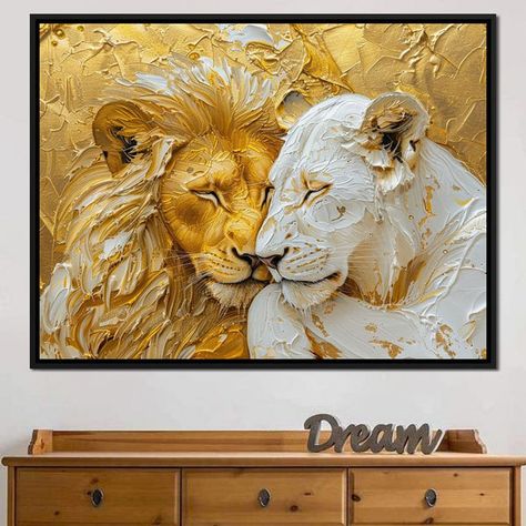 The ﻿Golden Solitude and Ivory Peace﻿ canvas print comes ready-to-hang on a premium quality canvas that is made to last. Golden Brown Wall Paint, Brown And Gold Home Decor, Lion And Lioness Painting, Lion Paintings, Ivory Backdrop, Lion Decor, Abstract Painting Acrylic Modern, Abstract Lion, Majestic Lion