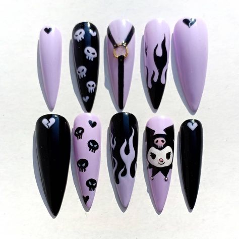 Handpainted Presson nails ✨💜 on Instagram: “Kuromi 🖤💗💀 Sanrio sets are my favorite to do! Surprisingly not many people ask for them 🤔 Original design by pinkirby on tiktok! My client…” Ongles Goth, Kuromi Nails, Hello Kitty Nails Art, Kuromi Sanrio, Natural Nail Art, Witchy Nails, Fake Nails Designs, Punk Nails, Anime Nails