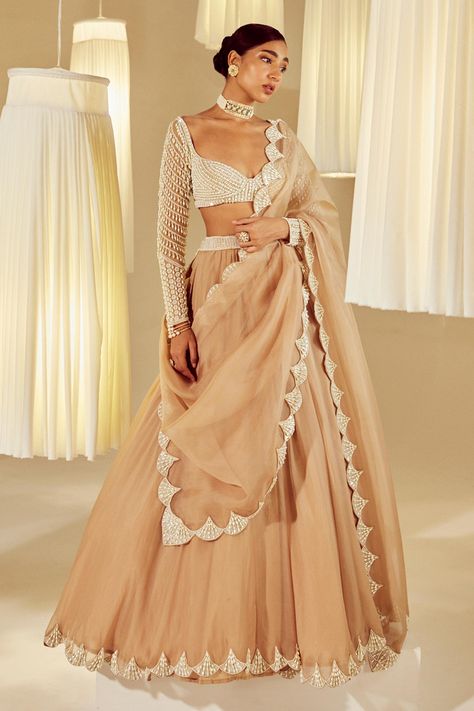 Organza Lehenga Ideas, Vani Vats Lehenga, Full Sleeve Lehenga, Pearl Work Lehenga, Pearls Blouse, Plain Lehenga, Pearl Blouse, Vani Vats, Detail Couture