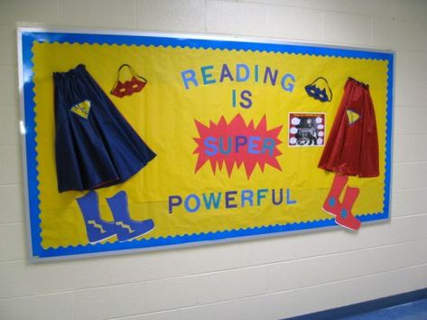 Hero Bulletin Board, Superhero School Theme, Superhero Bulletin Boards, Hero Classroom Theme, Superhero School, Family Literacy Night, Super Reader, Reading Display, Superhero Classroom Theme