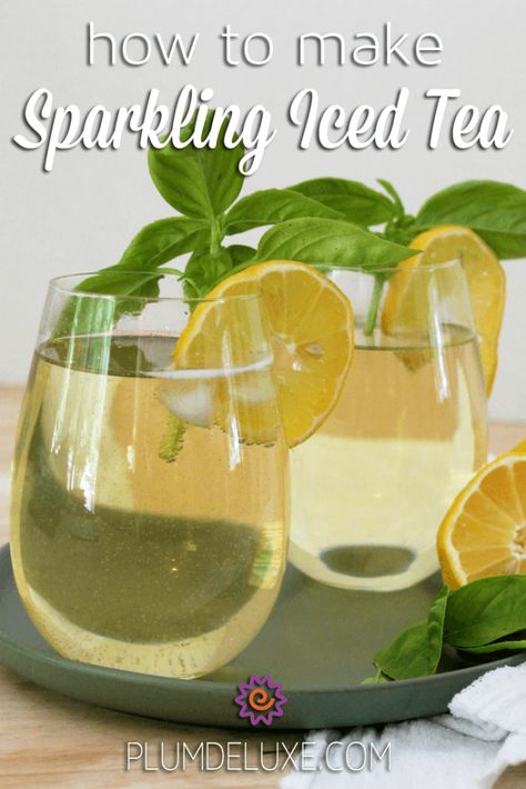 Learn how to make sparkling iced tea in its simplest form – and enjoy our favorite carbonated green tea lemonade recipe. #greentea #lemonade #soda #plumdeluxe Summer Iced Tea Recipes, Tea Lemonade Recipe, Green Tea Lemonade Recipe, Quit Soda, Summer Iced Tea, Tea Cocktail Recipes, Iced Tea Recipes Homemade, Vegan Gourmet, Homemade Iced Tea