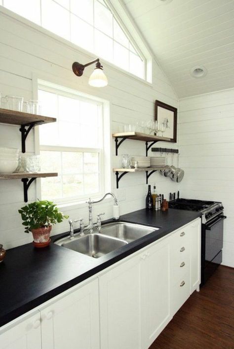 White Cabinets Black Countertops, Classic Farmhouse Kitchen, Timeless Kitchen Design, Kitchen Design Styles, Soapstone Countertops, Ikea Design, Small Kitchen Layouts, Black Countertops, Kitchen Wall Lights