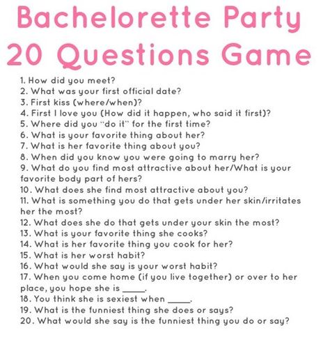 Have the fiance answer the questions beforehand. If the bride answers the same, she gives a shot away. If she gives a different answer than the fiance gave, she takes a shot. With 20 questions, best stick with wine or beer shots! :) Bachelorette Party Questions, Funny Questions To Ask, Party Questions, Awesome Bachelorette Party, Question Game, Funny Questions, Bachelorette Games, Bachelorette Party Games, 20 Questions