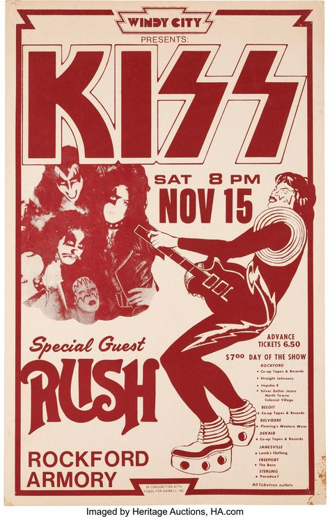 World's Largest Collectibles Auctioneer Rush Poster, Kiss Concert, Rockford Illinois, Music Concert Posters, Vintage Concert Posters, Rock Band Posters, Vintage Music Posters, Band Rock, Poster Music