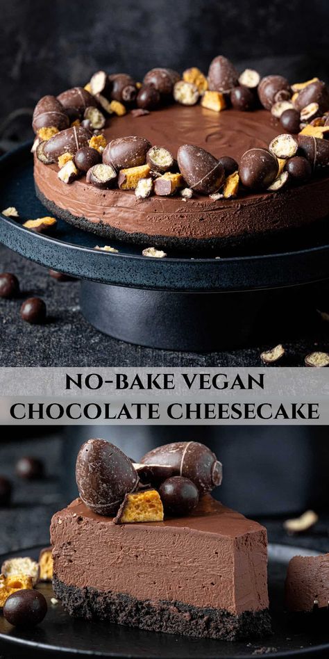 Vegan chocolate cheesecake - this no-bake dairy free chocolate cheesecake is really easy to make, rich, creamy and intensely chocolatey!  It would be a great decadent dessert for Easter, or any celebration. It can be made with either vegan cream cheese OR silken tofu, and contains no coconut or cashews! Vegan Opera Cake, Easy Vegan Chocolate Desserts, Vegan Recipes With Coconut Cream, Vegan Coconut Cheesecake, Vegan Cheesecake Silken Tofu, Cashew Desserts Vegan, Dairy Free Chocolate Cheesecake, Dairy Free Gluten Free Cheesecake, Tofu Cheesecake Recipe