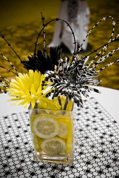 Boho Chic Hollywood Glam Modern Black White Yellow Ballroom Centerpiece Centerpieces Daisy Indoor Reception Mississippi Modern Space Summer Wedding Flowers Photos & Pictures - WeddingWire.com Black And Yellow Centerpieces, Cheap Centerpieces, Yellow Centerpieces, Lemon Birthday, Lemon Centerpieces, Summer Wedding Flowers, Guest Table Centerpieces, 25th Anniversary Party, Summer Centerpieces