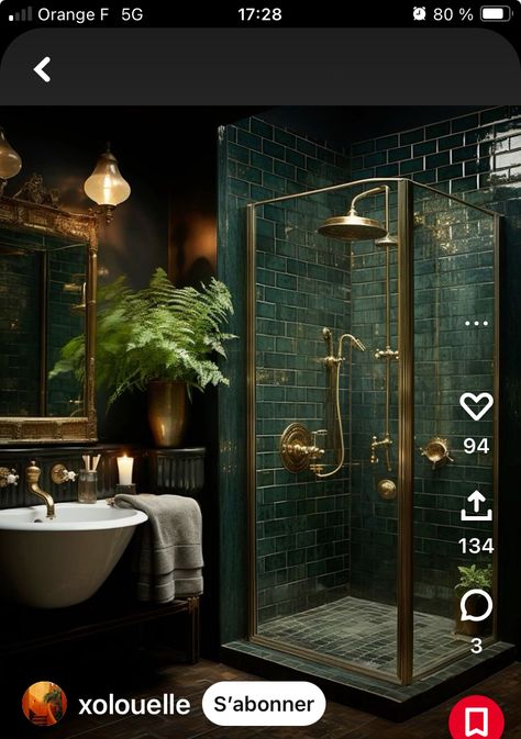 Black Green Gold Bathroom, Green Black And Gold Bathroom, Dark Green Bathroom Tiles, Dark Green Tile Bathroom, Dark Green Bathroom Ideas, Green Bathroom Tiles, Dark Green Bathroom, Gold And Dark Green, Dark Green Tile