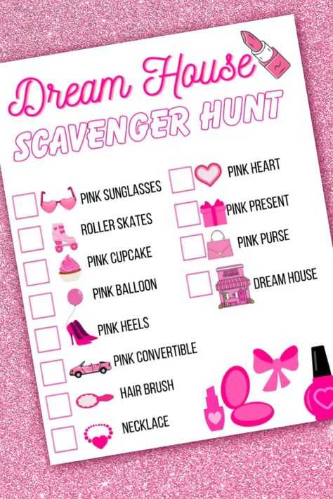 Arrange an entertaining Barbie-themed scavenger hunt for your Barbie party.Kids can choose to collaborate in teams or embark on the adventure alone, solving Barbie-themed riddles and finding concealed treasures thoughtfully positioned throughout the space, intensifying the thrill of the sleepover with an exciting blend of adventure and intrigue.See more party ideas and share yours at CatchMyParty.com Barbie Theme Party Activities, Barbie Dance Camp Ideas, Barbie Themed Scavenger Hunt, Barbie Theme Crafts, Games For Barbie Party, Barbie Sleepover Ideas, Barbie Games For Kids, Barbie Birthday Party Games For Kids, Barbie Birthday Games For Kids