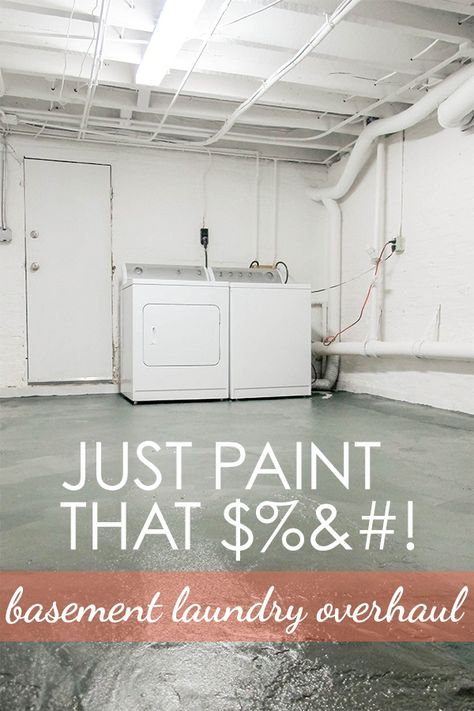 DIY Laundry Room Renovation - Dark & Drab to Bright & Fab Paint Laundry Room, Unfinished Laundry Room, Concrete Floor Ideas, Unfinished Basement Laundry, Basement Laundry Room Makeover, Cement Flooring, Painting Basement Floors, Furnace Room, Garage Laundry Rooms