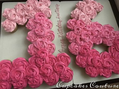 16 Birthday Dessert Ideas, Cupcakes For Sweet 16 Birthday, 16 Cupcake Cake Number, Sweet 16 Cupcake Cake, Sweet Sixteen Cupcakes Ideas, Sweet 16 Sheet Cake Ideas, 16th Birthday Themes Girl, Simple Sweet 16 Cakes, Diy 16th Birthday Decorations