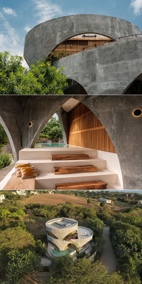 This house, with approximately 250 square meters of construction, is located in La Barra, a region characterized by rugged terrain. The building's geometry adapts to the shape of the land; two circles with the same radius were projected to intersect in such a way that the center of one coincides with the development of the other.
#ArchitectureProjects #ArchitecturalDesign #ArchitecturalInspiration #ModernArchitecture #ArchitecturalPhotography Circle House Architecture, Round Shape House Design, Circular House Architecture, Circular Roof Architecture, Circular Modular Architecture, Circle Building, Villa Savoye Plan, 60s Interior, Circle House