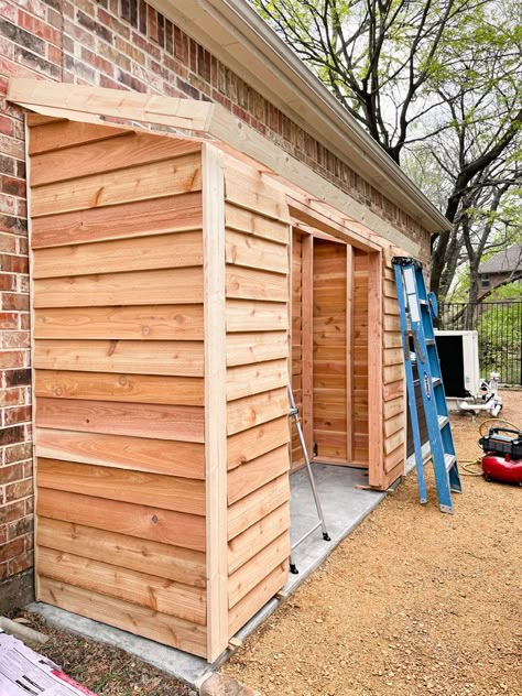 Shed Behind Garage, Backyard Small Shed Ideas, Narrow Sheds Ideas Backyard, Build Garden Shed, Homemade Sheds Diy, Easy Garden Shed Diy, Garden Shed With Firewood Storage, Garden Shed Diy Cheap, Lean To Shed Against Garage