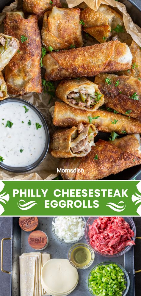 Cheesesteak Eggrolls, New Appetizers, Philly Cheesesteak Egg Rolls, Cheesesteak Sandwich, Homemade Egg Rolls, Philly Cheese Steak Recipe, Sliced Steak, Cheese Steak, Egg Roll Recipes