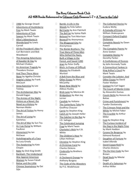 Rory Gilmore Book List - The Rory Gilmore Book Club All 408 Books Referenced in Gilmore Girls - Studocu Rory’s Book List, Rory Gilmore Music List, Gilmore Girls Books Reading Lists, Rory Gilmore Movie List, Books That Rory Gilmore Read, Gilmore Girls Reading List, Rory Gilmore Daily Routine, Rory Gilmore Book List Reading Challenge, Rory Book List