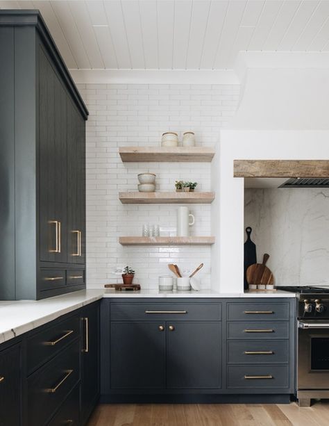 BM Wrought Iron Stove Alcove, White Brick Backsplash, Modern Stoves, Kate Marker Interiors, Open Kitchen Shelves, Black Kitchen Cabinets, Gorgeous Kitchens, Studio Interior, Stunning Kitchens