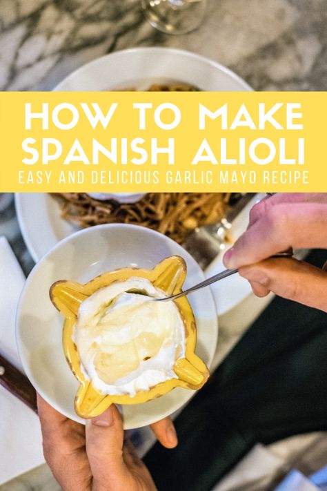 If you've been to Spain, you've probably tried alioli at a tapas bar or restaurant. This famous garlic mayonnaise is one of the most traditional accompaniments to some of the most common Spanish dishes, such as fideua (similar to paella) and it also makes a great dipping sauce. Get this easy and delicious Spanish alioli recipe here! Spanish Alioli, Alioli Recipe, Spanish Sauce Recipe, Vegetarian Tapas, Authentic Spanish Recipes, Garlic Mayonnaise, Garlic Aioli Recipe, Potatoes And Vegetables, Spanish Tapas Recipes