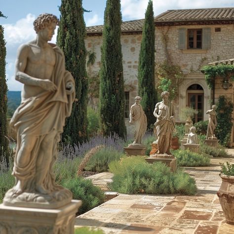 Garden With Statues Aesthetic, Roman Exterior Design, Greek Statue Garden Aesthetic, Ancient Greek Garden Aesthetic, Greek Garden Statues, Italian Gardens Courtyard, Roman House Aesthetic, Greco Roman Aesthetic, Roman Style House