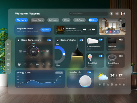 Apple Vision Pro: Smart Home Dashboard Design Smart Home Dashboard, Vr Ui, Home Dashboard, Apple Vision Pro, Ui Ux Website, Vision Pro, Analytics Dashboard, Data Design, Smart Home Design